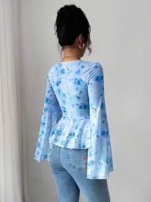 Elenzga 新款印花网纱透视喇叭袖蝴蝶结前襟休闲优雅女式T恤秋季女装 - 藍色 - 查看 2