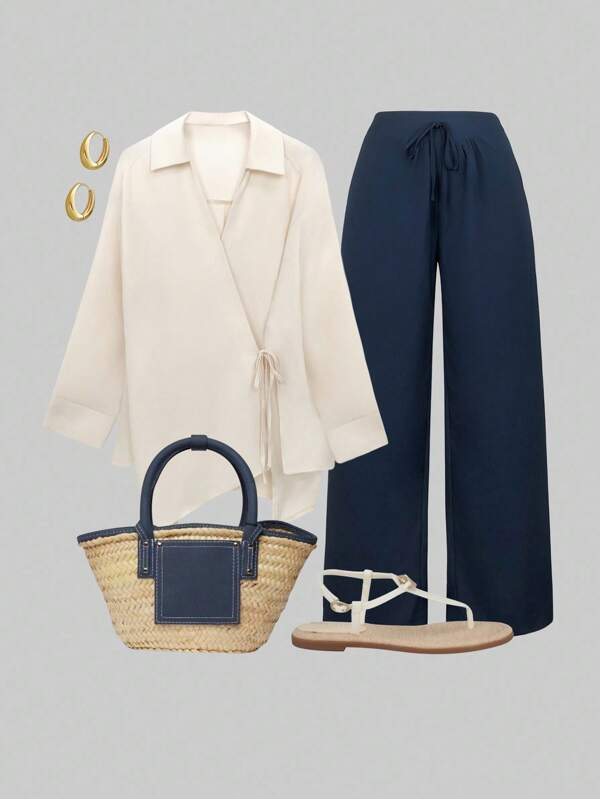 SHEIN LUNE Plus Size Casual Solid Color Tie Waist Shirt And Pants 2Pcs Set