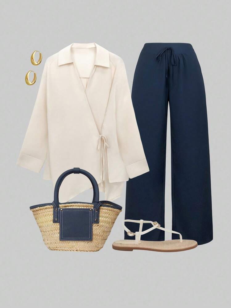 SHEIN LUNE 大码休闲纯色系腰衬衫和裤子 2 件套 - 杏色 - 查看 1