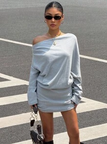 Muchica Women's New Autumn Cashmere Off The Shoulder Long Sleeve Bodycon Dress,Y2k Dress, Streetwear