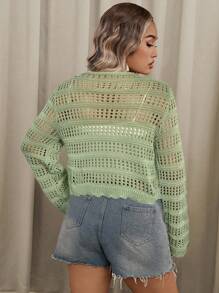 SHEIN VCAY 大码女士度假休闲纯色镂空针织短款开衫、长袖上衣 - 薄荷綠 - 查看 2