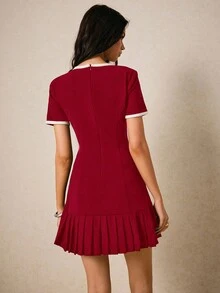 Poéselle 女士优雅纯色荷叶边下摆中长连衣裙，夏季 - 酒紅色 - 查看 6