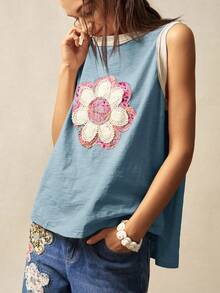 Bohemela Solid Color Knitted Sleeveless Loose Fit Tank Top For Women Flower Tank Top Boho Tank Top Women Cotton Tops Women Summer - Multicolor - View 3