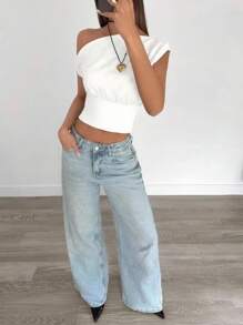 Siren Gaze Blusa corta casual y elegante con pliegues asimétricos para mujer, adecuada para el verano y el uso diario