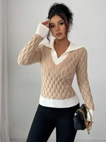 Selianne Áo len chui đầu họa tiết cổ chữ V chắp vá 2 trong 1 thời trang thu đông mới dành cho nữ, thiết kế thanh lịch, phù hợp để đi làm hàng ngày - Màu be - Xem 5