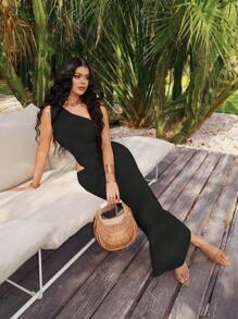 SHEIN SXY Váy maxi dài không tay khoét eo thanh lịch màu mơ trơn dành cho nữ, phù hợp cho kỳ nghỉ hè, hẹn hò, sinh nhật, tiệc tùng, tốt nghiệp, đảo, bãi biển - màu đen - Xem 1