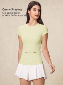 OutZeal 女士运动上衣 黄色纯色夏季春季健身瑜伽休闲吸汗收腹速干柔软圆领紧身T恤 - 黃色 - 查看 2