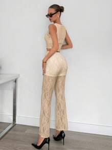 Siren Gaze Black Top + Pants Set Lace Blouse + High-Waisted Flare Lace Knit Pants, Women's 2 Pieces Set Black Mesh Sheer Lace Jacquard Sexy Party Outfit For Women Summer Elegant - Apricot - View 2