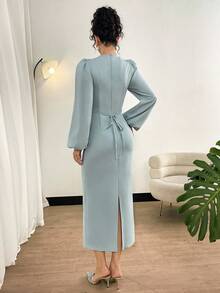 Modelyn Women's Lantern Sleeve Fashion Bow Decor Fitted Split Hem  Fall Clothes For Women  Wedding Guest Dress Elegant - Mint Green - View 4