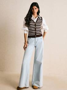 Poéselle 女士休闲条纹无袖开衫毛衣冬季女士条纹开衫轻松时尚必备 - 咖啡棕 - 查看 3