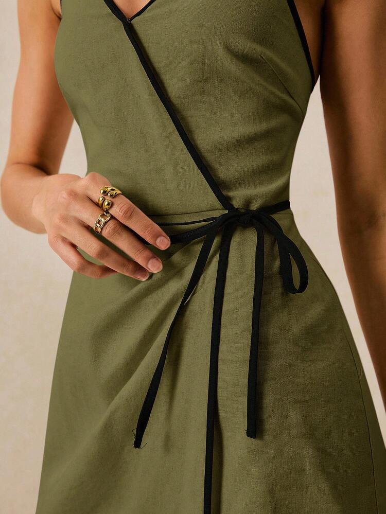 Poéselle 女式休闲时尚撞色镶边裹背露背连体裤 - 軍綠色 - 查看 3