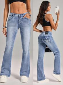 SHEIN Tall 女式刺绣撞色喇叭裤口袋休闲牛仔裤 - 藍色 - 查看 10