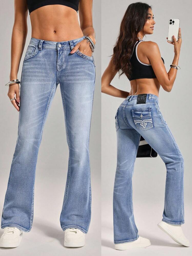 SHEIN Tall Women's Embroidered Contrast Color Flared Leg Pocket Casual Jeans - Blue - View 10
