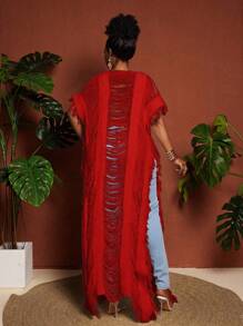 Maweii 大码女式毛衣女士时尚度假流苏镂空超长开衫白色优雅 - 紅色 - 查看 2