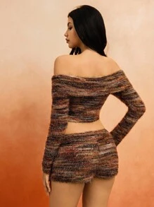 Roylia 2pcs Women Knitted Long Sleeve Cropped Fuzzy Off Shoulder Top And Shorts Set,All Shades Of Brown,Autumn,Seksi Chic,Night Out Club Knit Two Piece Set - Multicolor - View 2