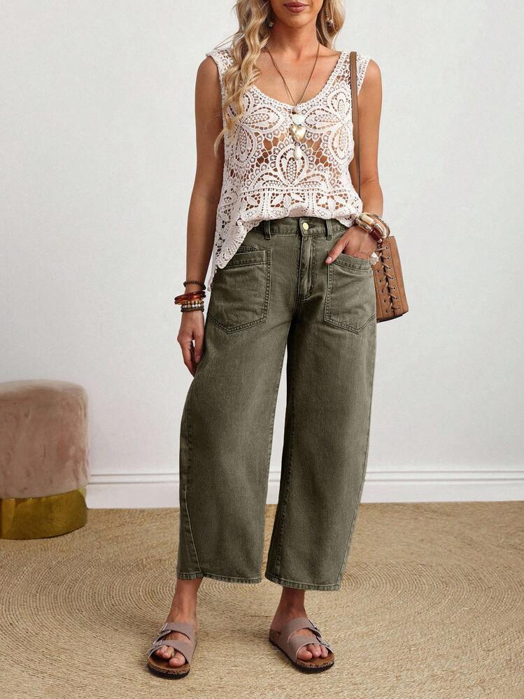 EMERY ROSE Plus Size Women Button Pocket Casual Solid Color Jeans - Dark Green - View 5