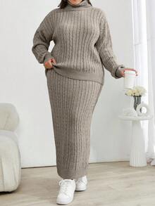 EURMUSE Cable Knit Turtleneck Sweater And Skirt Two Pieces Set - Mocha Brown - View 5