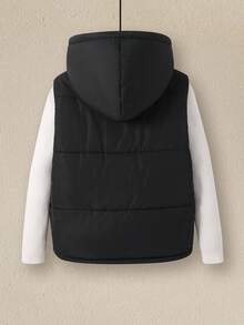 Tween Girl Casual Everyday Versatile Thick Sleeveless Hooded Open Front Solid Color Woven Vest Jacket Fall Winter - Black - View 2