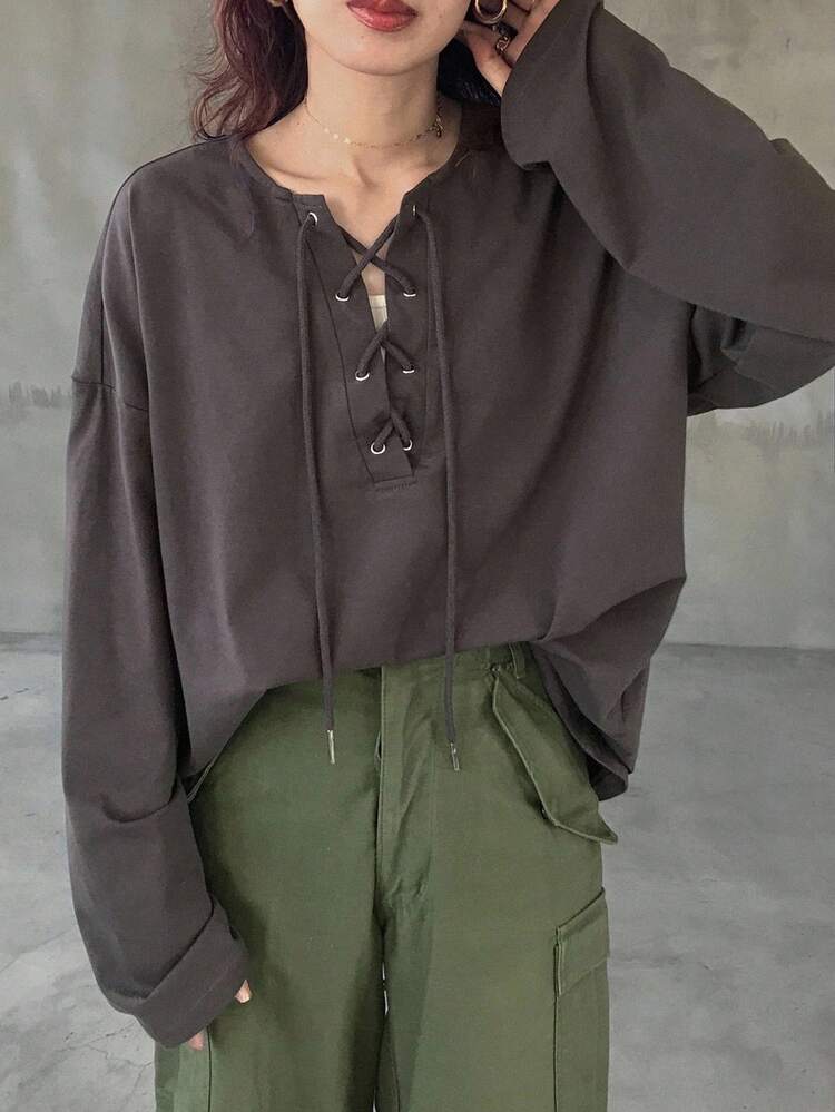 FRIFUL Áo thun dài tay cổ rút dây màu đen trơn cho nữ, dáng rộng, dễ mặc, đa năng, mùa thu - màu đen - Xem 4