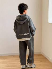 SHEIN 青少年男孩休闲韩版宽松字母印花长袖连帽衫和松紧腰裤套装，适合秋季/春季、户外玩耍、学校、街头风格、派对和休闲