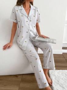 SHEIN Cottnline Women Button Front With Cute Bee&Animal Printed Homwear PJ Set - White - View 6