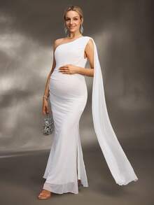 SHEIN 孕妇拍照连衣裙/优雅派对连衣裙/迎婴派对连衣裙，单肩飘逸腰部褶饰下摆侧开衩美人鱼长裙 - 白色 - 查看 3