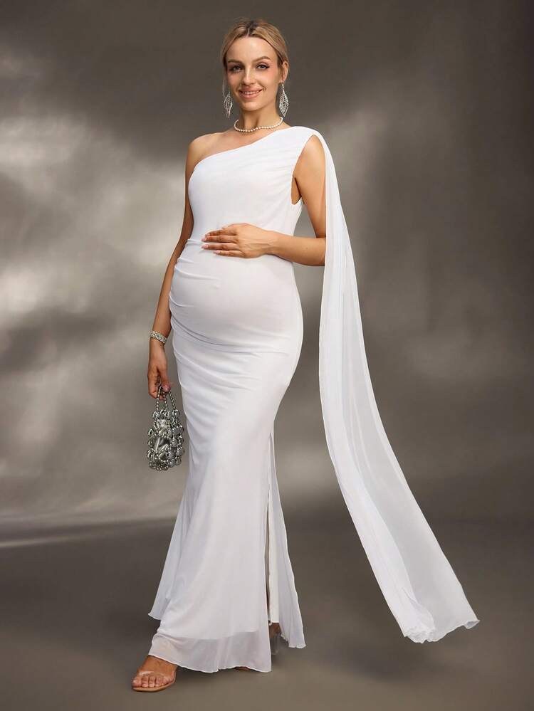 SHEIN 孕妇拍照连衣裙/优雅派对连衣裙/迎婴派对连衣裙，单肩飘逸腰部褶饰下摆侧开衩美人鱼长裙 - 白色 - 查看 3