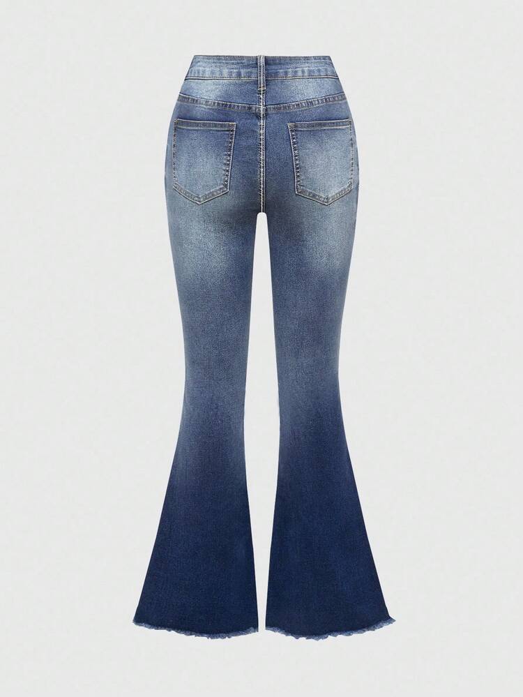 ROMWE Grunge Punk 女式 Y2K 复古做旧喇叭牛仔裤（带口袋） - 藍色 - 查看 2