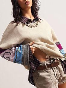 Bohemela 女式拼布印花圆领长袖毛衣 - 杏色 - 查看 4