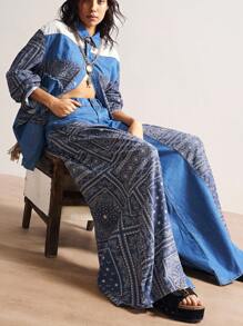 Bohemela 女式复古休闲度假拼布印花阔腿牛仔裤 - 藍色 - 查看 2