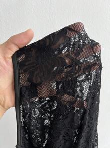 NU&NOW 加大码长袖蕾丝边优雅性感两件套 - 黑色 - 查看 7