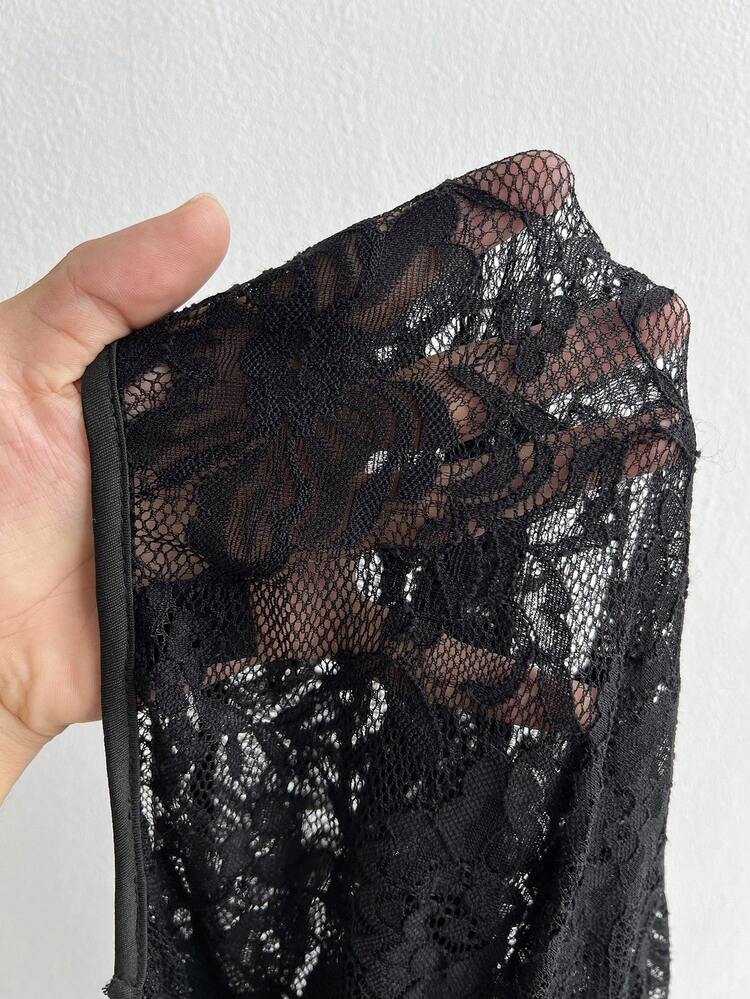 NU&NOW Plus Size Långärmad Spetskant Elegant & Sexigt 2-delat Set - Svart - Visa 7