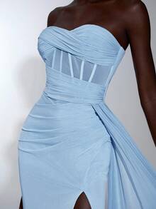 Elegant Dusty Pink Bandeau Ruched Waist Fishtail Mesh Ruffle High Slit Side Draped Maxi Dress, Suitable For Spring/Summer Dating, Vacation, Party, Wedding, Graduation, Formal Occasion - Baby Blue - View 2