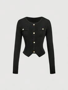 SHEIN MOD Women's Black Button Decorated Elegant Sweater And Knit Pants Set In Fall/Winter