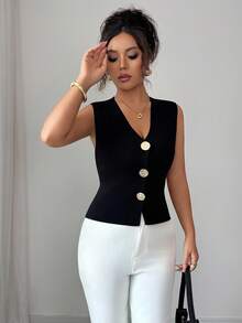 Franclia Women's Casual Solid Color Shoulder Fitted Metal Button Sleeveless Knit Vest, Autumn/WinterWomen's Autumn Clothingautumn Fall Clothes For Women Fall Autumn Clothes Fall Outfits For Women Autumn Outfits For Women Fall Clothes Autumn Women  Fall Women Clothes Autumn Clothing Elegant Fashionable Casual Commuting Business Office Daily Leisure All-Match Temperament Urban Teacher Professional Attire