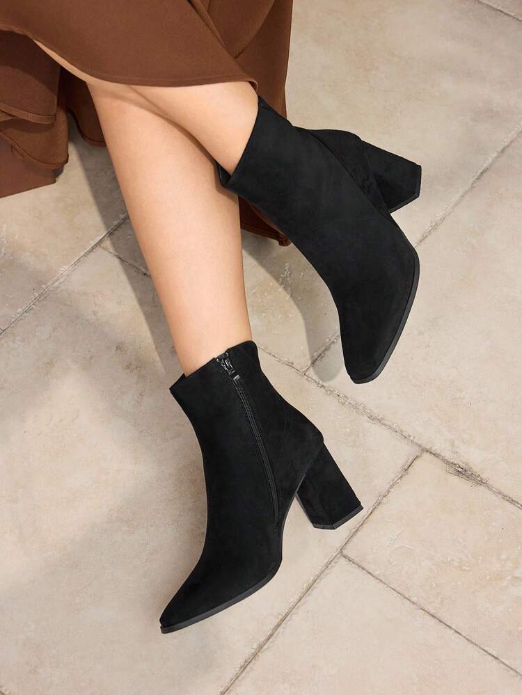 PU LEATHER SIDE ZIPPER HEELED ANKLE BOOTS FOR CHRISTMAS