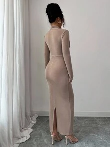 Elenzga 优雅浪漫V领褶皱中长连衣裙，适合度假和通勤 - 咖啡 - 查看 2