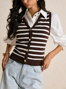 Poéselle 女士休闲条纹无袖开衫毛衣冬季女士条纹开衫轻松时尚必备 - 咖啡棕 - 查看 7
