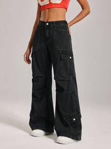 SHEIN Tall 女士休闲水洗阔腿工装牛仔裤