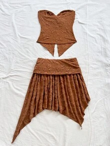 Soleia Women's Brown Music Festival Party Sexy Cowgirl Style Beach Casual Drawstring Waist Asymmetric Ruffle Hem Mini Skirt And Top Y2K Outfit Brown Two Piece Set Boho Two Piece Set Beach Skirt Set Earthy Two Piece Set Asymmetrical Skirt Set,Winter Set ,Fall Outfits For Women ,Halloween Costume For Women,Women's Set, Havana Nights Outfit Earthy Tops,Party