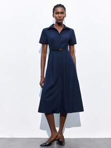 Maija 2025 Autumn Navy Blue Elegant Office Dress,Collared Single-Breasted Button Front Pleated Waist Design With Leather Metal Belt Adjustable Slim Dress - Navy Blue - View 4