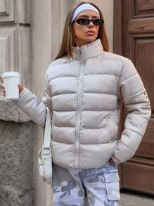 EURMUSE Warm Puffer Jacket With Zip Closure, Cozy Winter Essential, Streetstyle Chill, Cloudy Day Comfort, Off-Duty Look & Everyday Edit Women's Puffer Jacket Women's Jackets Outerwear Women - Khaki - View 6