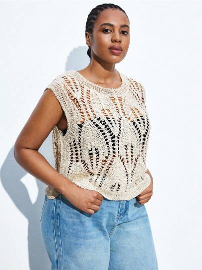 Maija 大码女式纯色无袖镂空针织上衣，适合圣帕特里克节、秋季返校季、返校节等场合，风格简约复古，适合浪漫、时尚、百搭的女士，舒适、时尚、优雅、休闲、日常简约、必备单品、纯色、假日休闲、得体、单身女士、优雅时尚商务休闲女式外出上衣、毕业典礼等场合。