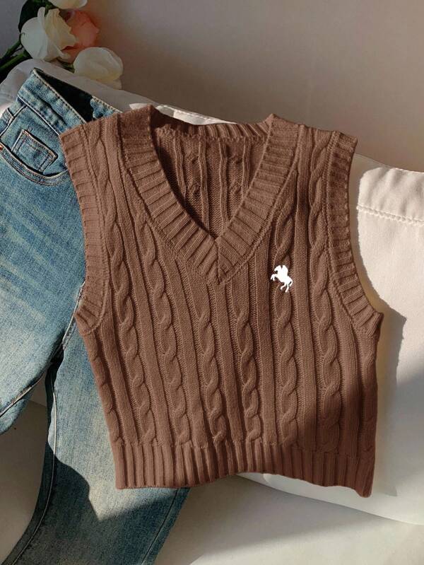 Comfortcana Women's Casual Minimalist Coffee Brown Equestrian Pattern Knitted Vest