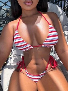 Alexandranx 2pcs Summer New Red Drawstring Halter Sexy Backless Fashionable Round Logo Ladies Bikini Swimsuit Set - Red - View 3