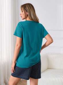 EURMUSE Bộ đồ ngủ mặc nhà 2 món 100% cotton họa tiết chấm bi và động vật tay ngắn và quần đùi họa tiết chấm bi - màu xanh lá - Xem 2