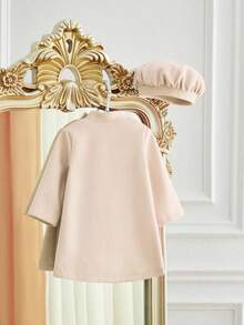 SHEIN Elladie kids 女婴优雅简约蝴蝶结外套和帽子套装，秋冬季 - 杏色 - 查看 2