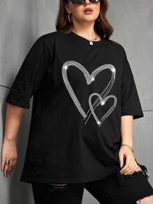 SHEIN Plus Size Women's Rhinestone Heart Dropped Shoulder Loose Casual Round Neck T-Shirt
