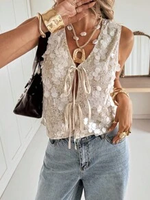 Siren Gaze 女士时尚亮片系带吊带背心，夏季 - 杏色 - 查看 8