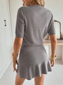 Siren Gaze 女士两件套针织套装，灰色通勤装 A 字裙 + Polo 领上衣，秋季新品 - 灰色 - 查看 2